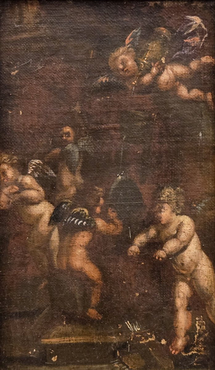 Huile sur toile marouflée sur bois - Allégorie aux puttis (XIXe siècle)-photo-4