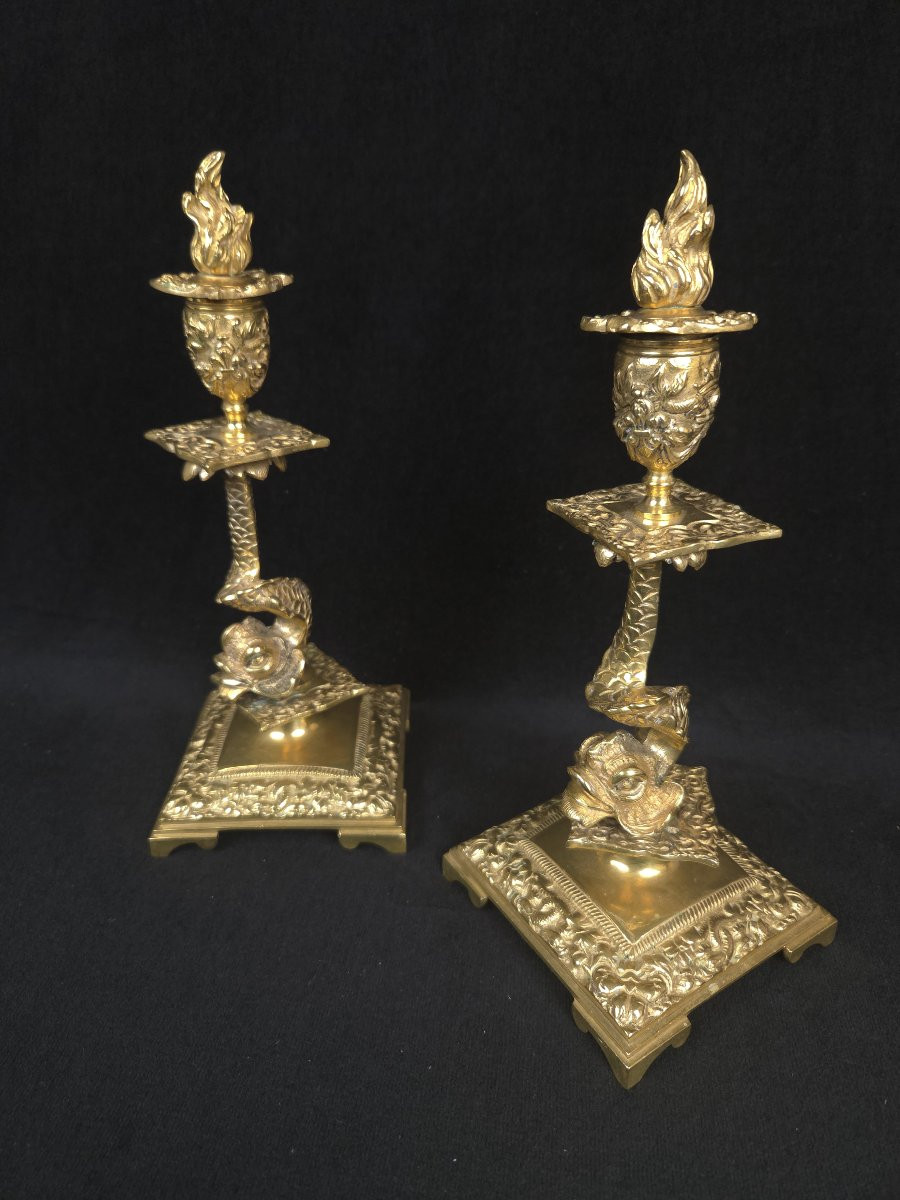 Pair Of Gilt Bronze Dolphin Candlesticks (19th Century)-photo-2