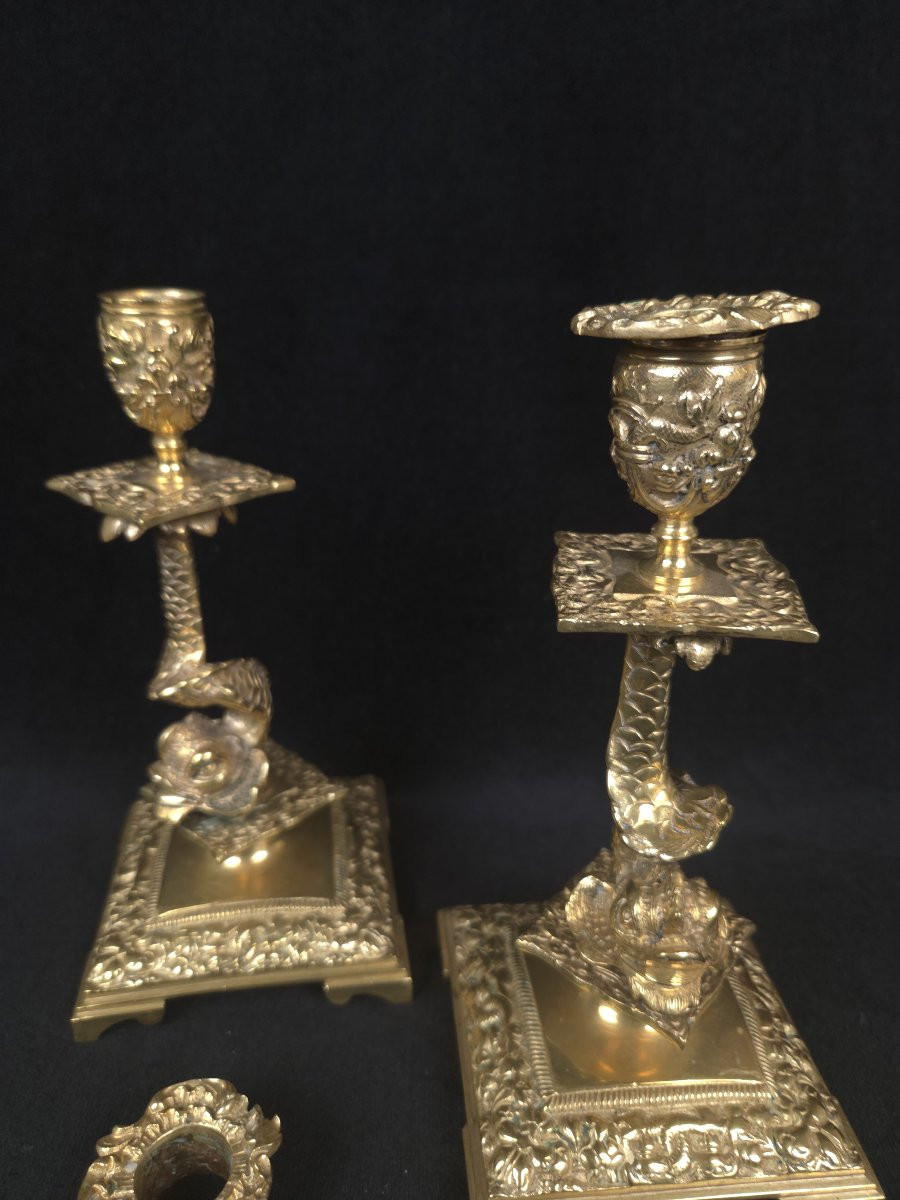 Pair Of Gilt Bronze Dolphin Candlesticks (19th Century)-photo-4