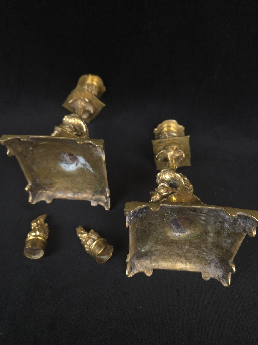 Pair Of Gilt Bronze Dolphin Candlesticks (19th Century)-photo-1