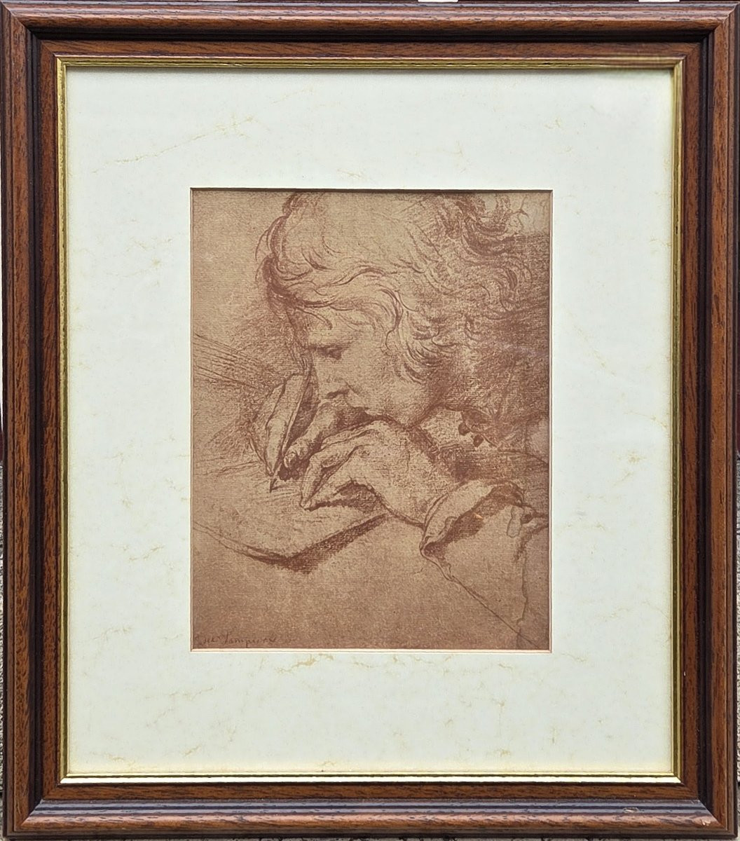 Dessin à la sanguine - Homme écrivant - Ecole italienne-photo-2