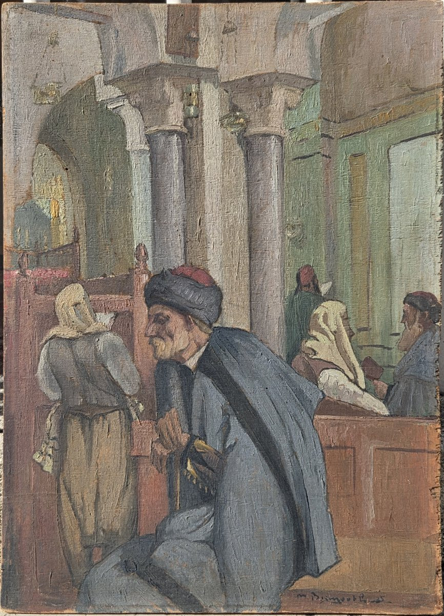 Maurice Bismouth (1891-1965) - Huile sur bois - Personnages à la Synagogue de Tunis-photo-2
