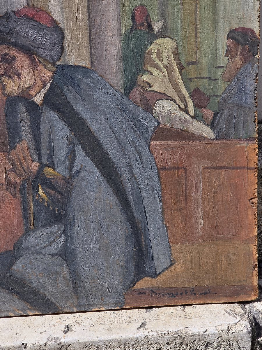 Maurice Bismouth (1891-1965) - Huile sur bois - Personnages à la Synagogue de Tunis-photo-3