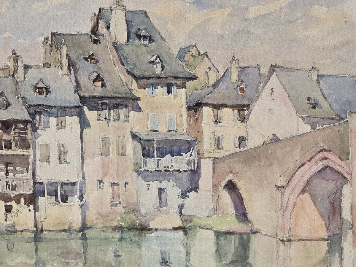 Aquarelle sur papier - Le Ponr Vieux et les Quais d'Espalion (Aveyron) -photo-3