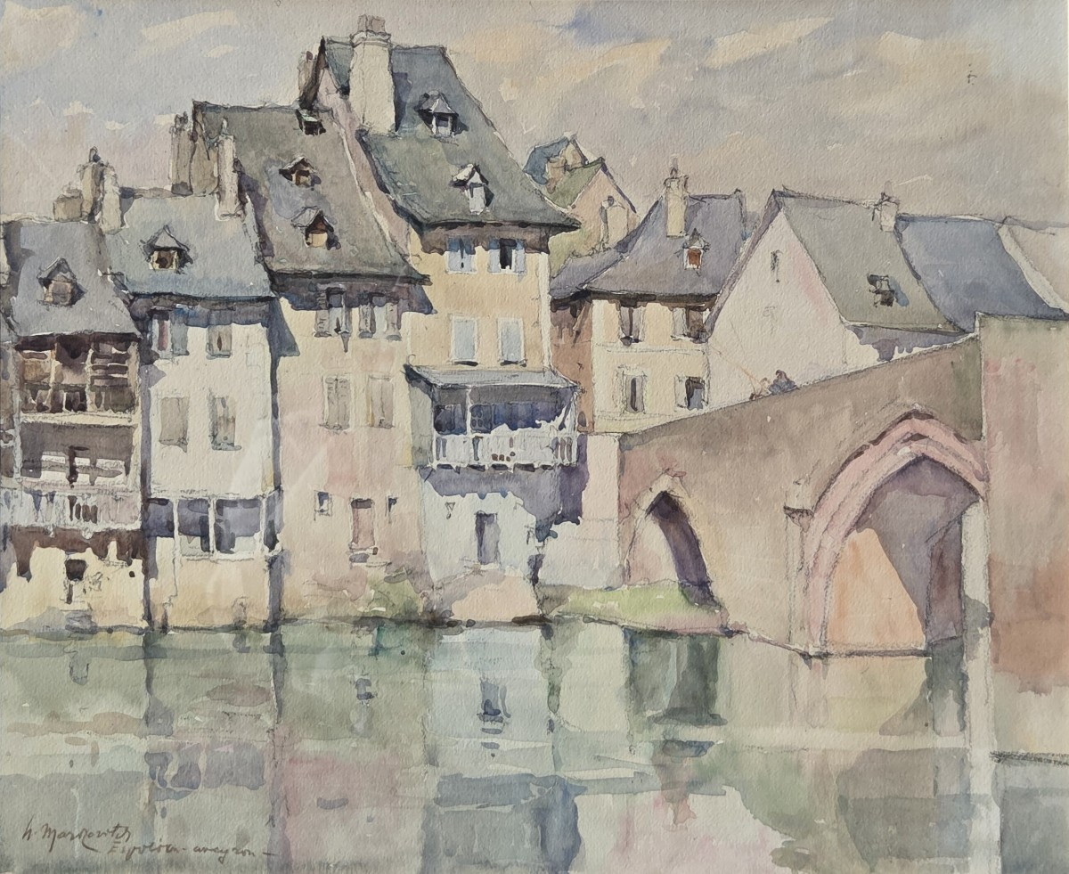 Aquarelle sur papier - Le Ponr Vieux et les Quais d'Espalion (Aveyron) 