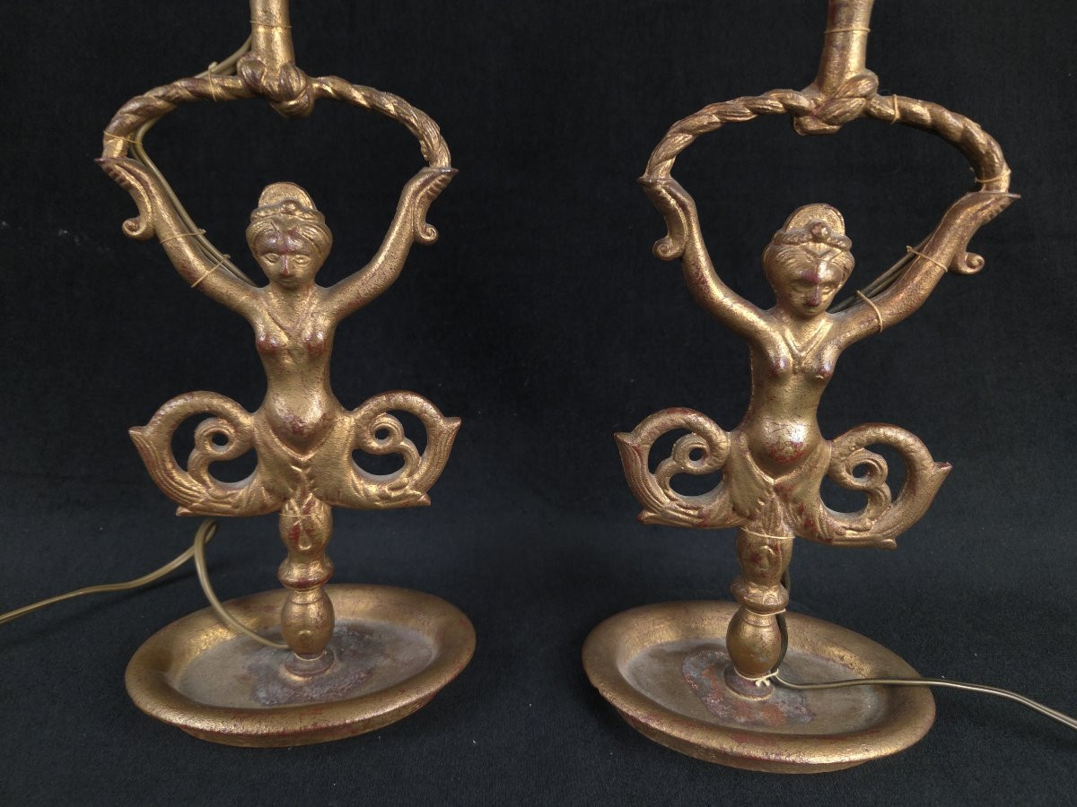 Pair Of Gilt Bronze Mermaid Lamp Bases (20th Century)-photo-3