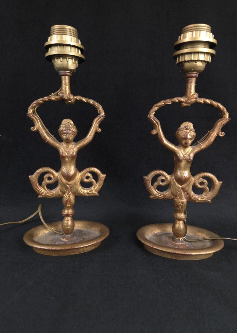 Pair Of Gilt Bronze Mermaid Lamp Bases (20th Century)