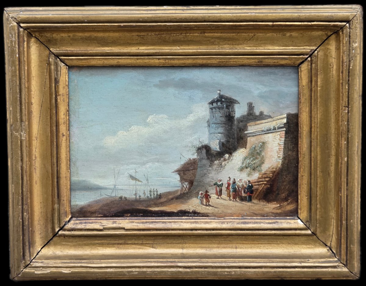 Huile sur bois - Bord de mer à la tour fortifiée - XIXe siècle-photo-2