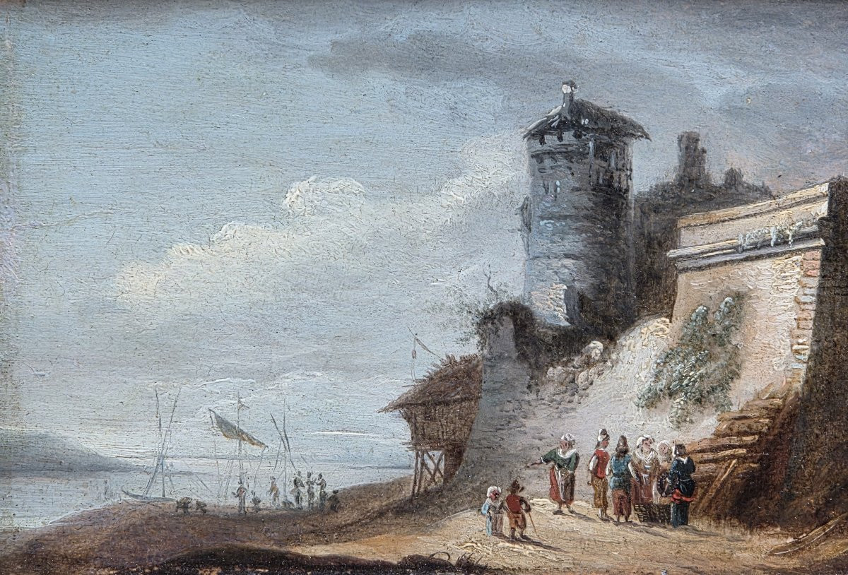 Huile sur bois - Bord de mer à la tour fortifiée - XIXe siècle-photo-3