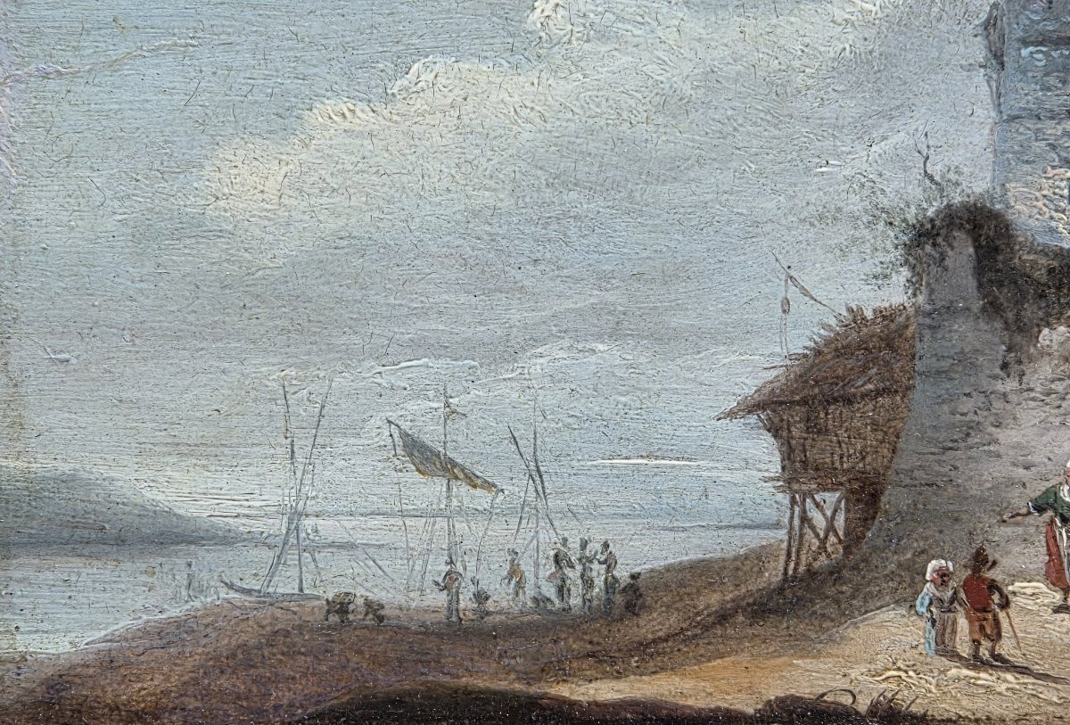 Huile sur bois - Bord de mer à la tour fortifiée - XIXe siècle-photo-4