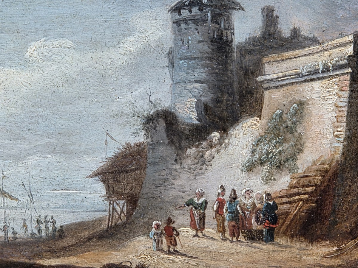 Huile sur bois - Bord de mer à la tour fortifiée - XIXe siècle