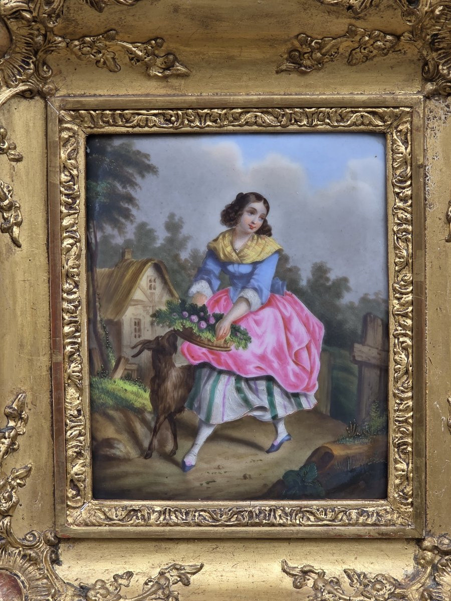 Peinture sur porcelaine - Scène pastorale avec une jeune fille - XIXe siècle-photo-2