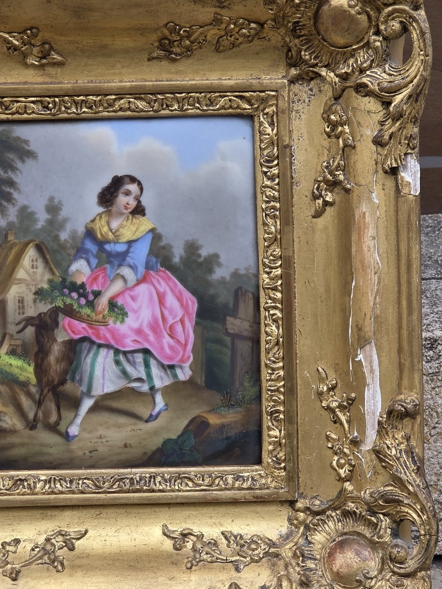 Peinture sur porcelaine - Scène pastorale avec une jeune fille - XIXe siècle-photo-3