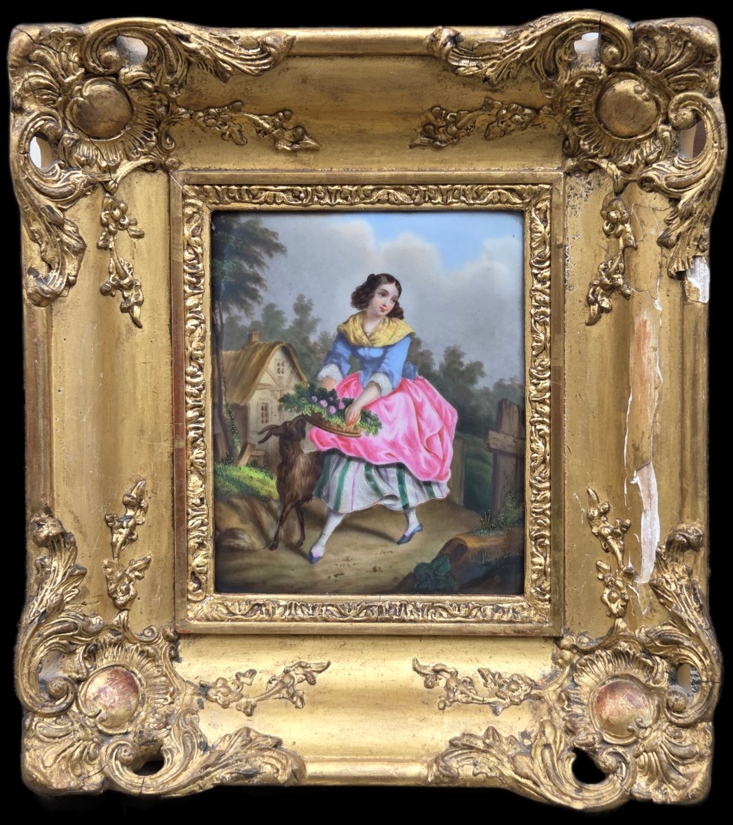 Peinture sur porcelaine - Scène pastorale avec une jeune fille - XIXe siècle-photo-4