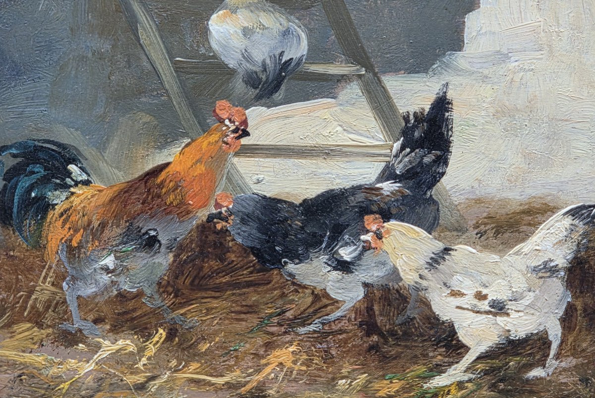 Oil On Panel - Barnyard With Hens - 19th C. School After Coppenolle-photo-3