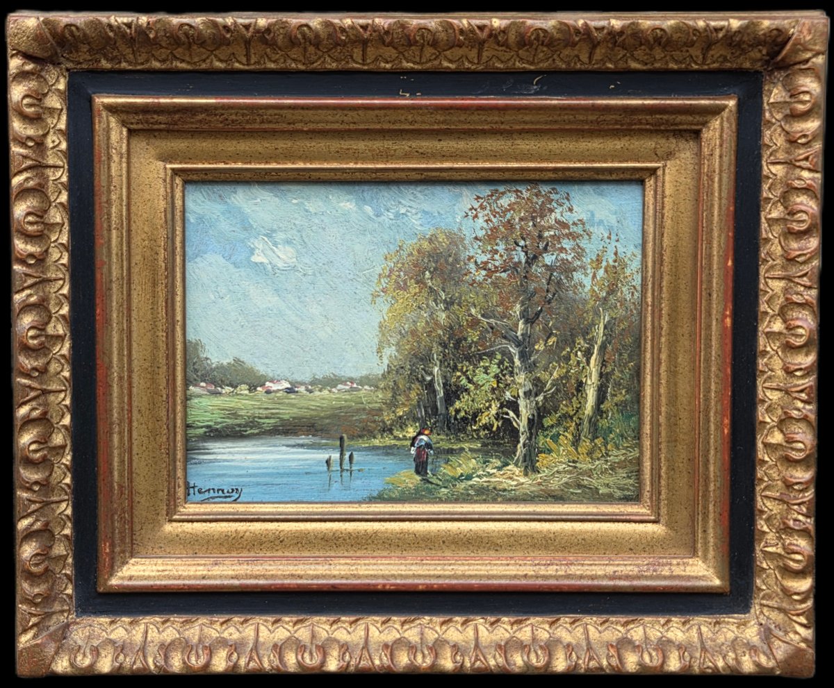 Huile sur panneau - Paysage de bord de l'eau - XXe siècle-photo-2