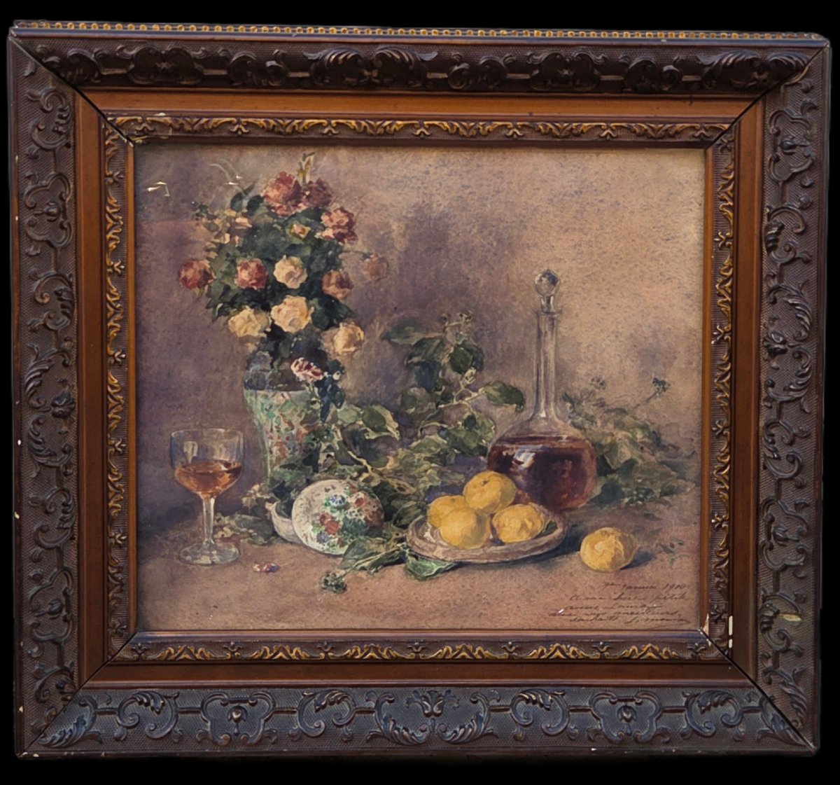 Léon Mondan (1852-1913) - Aquarelle - Nature morte aux citrons et aux roses -photo-2