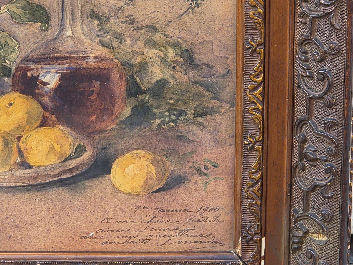 Léon Mondan (1852-1913) - Aquarelle - Nature morte aux citrons et aux roses -photo-3