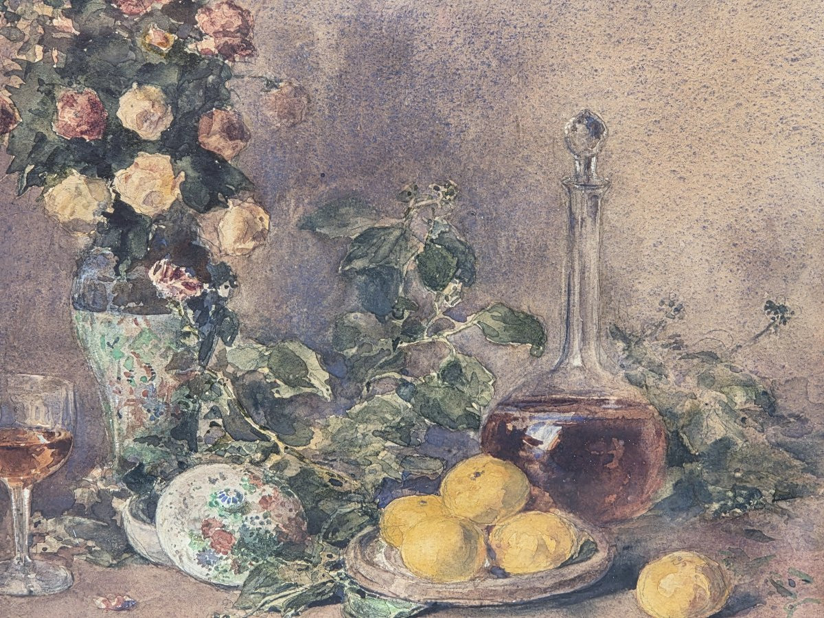 Léon Mondan (1852-1913) - Aquarelle - Nature morte aux citrons et aux roses -photo-1