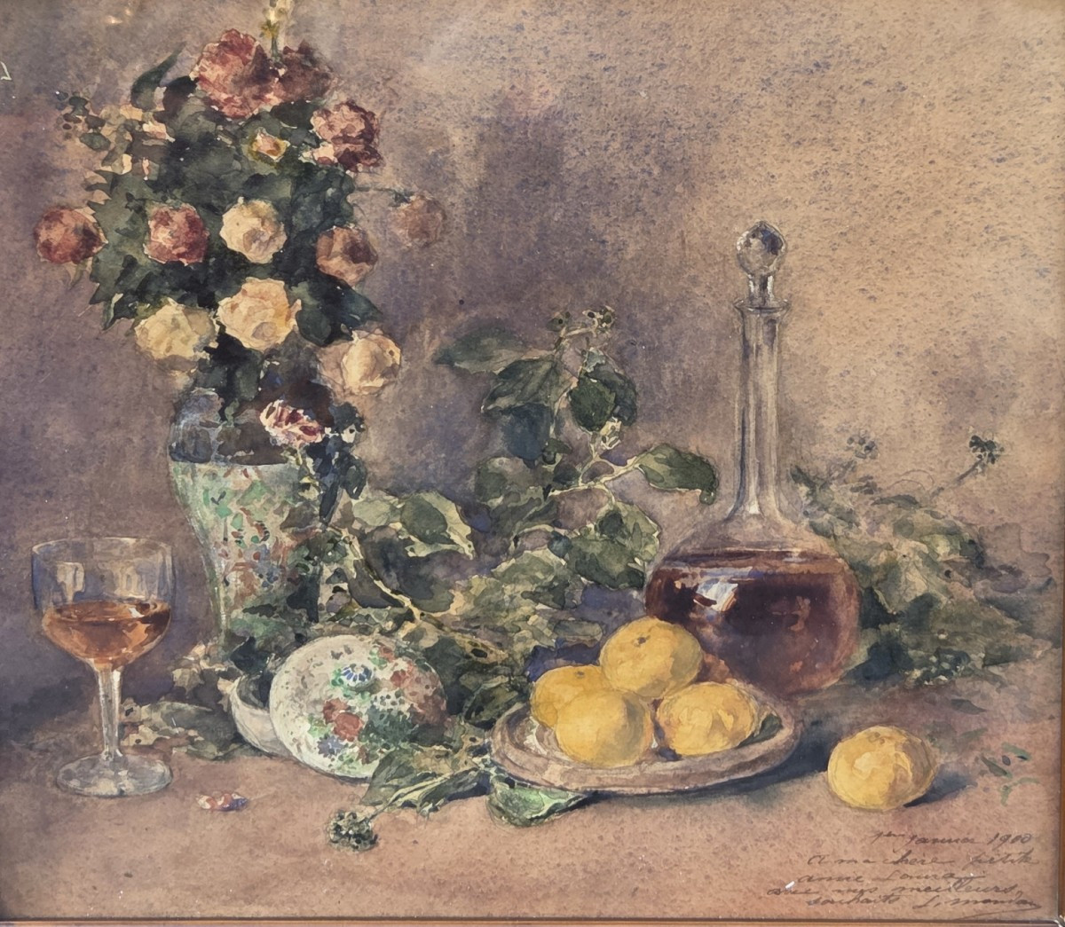 Léon Mondan (1852-1913) - Aquarelle - Nature morte aux citrons et aux roses 