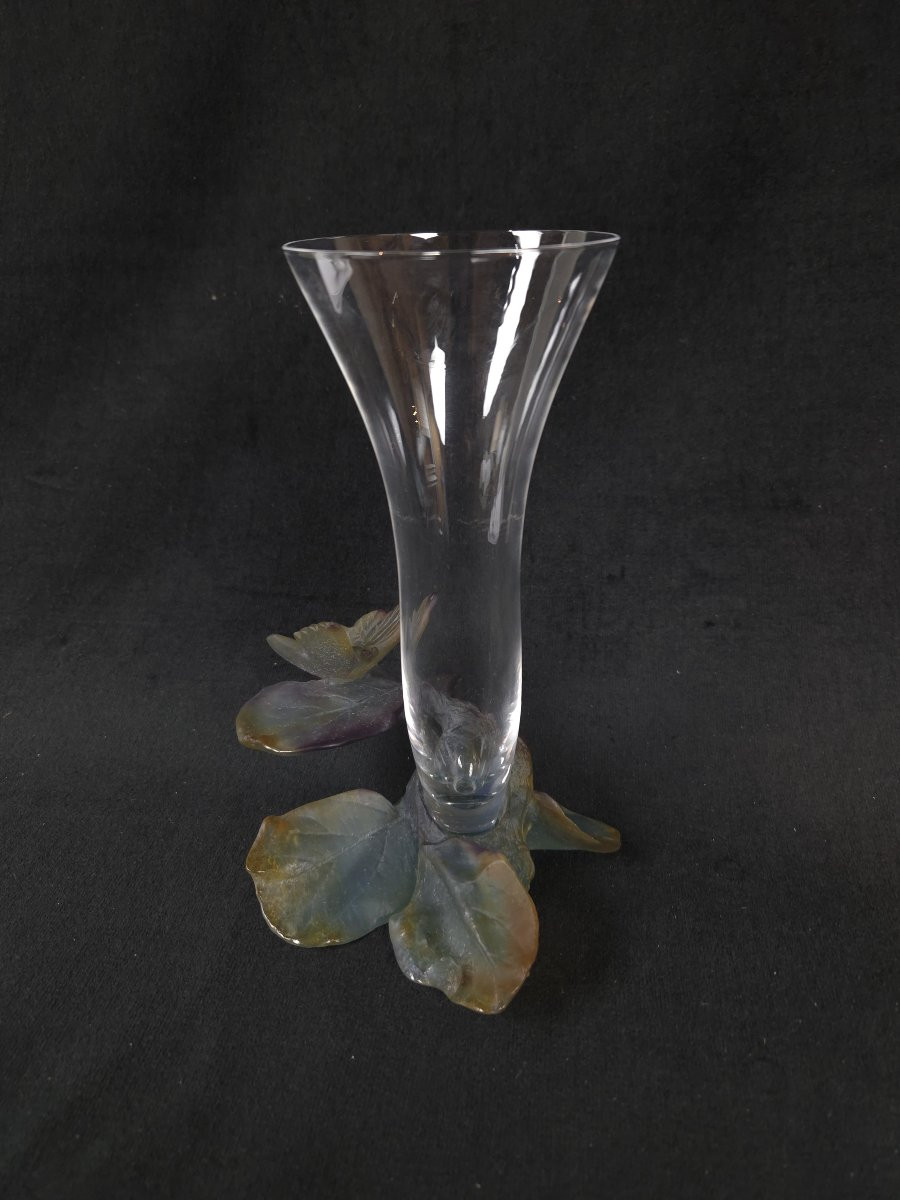 Daum France - Butterfly Soliflore Vase In Pâte De Verre And Crystal (20th Century)-photo-3