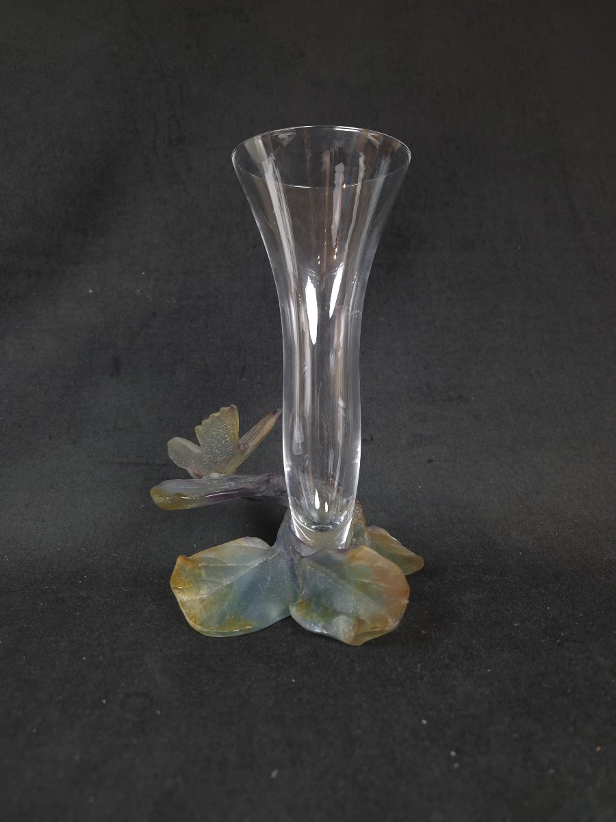Daum France - Butterfly Soliflore Vase In Pâte De Verre And Crystal (20th Century)-photo-1