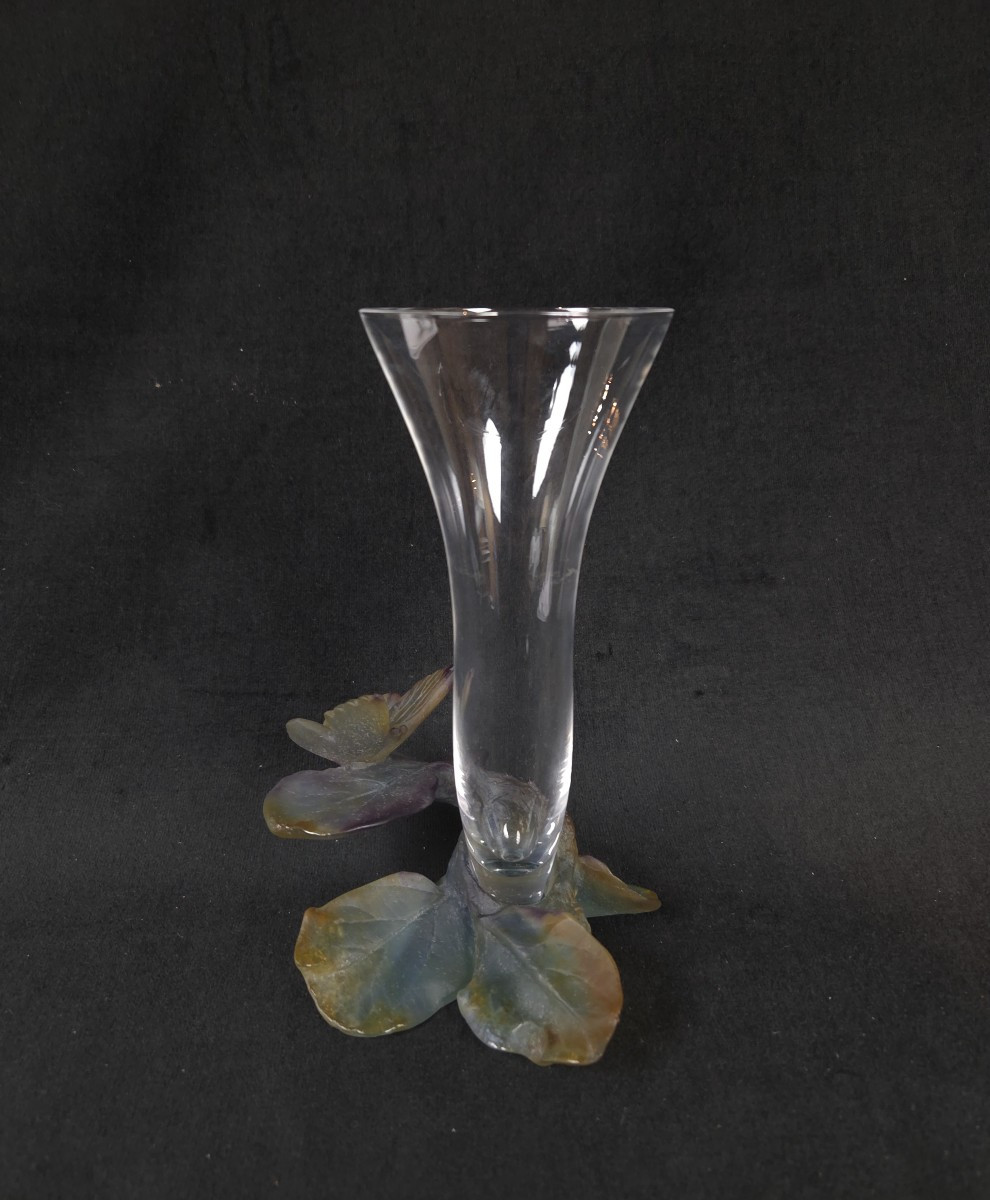 Daum France - Butterfly Soliflore Vase In Pâte De Verre And Crystal (20th Century)