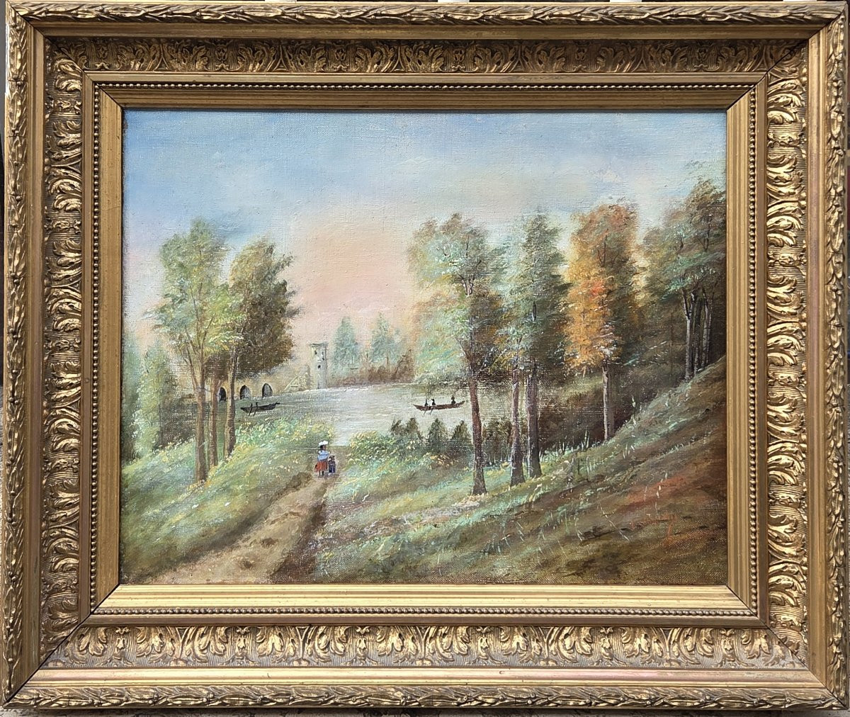 Edouard Charpentier - Huile sur toile - Paysage lacustre au coucher du soleil (XIXe siècle)-photo-2