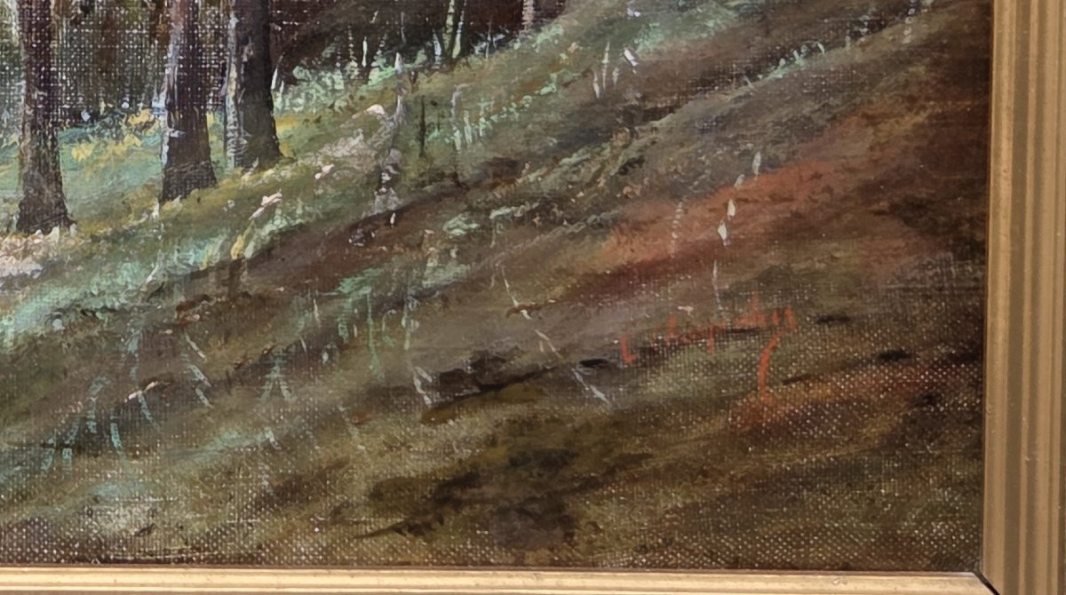 Edouard Charpentier - Huile sur toile - Paysage lacustre au coucher du soleil (XIXe siècle)-photo-4