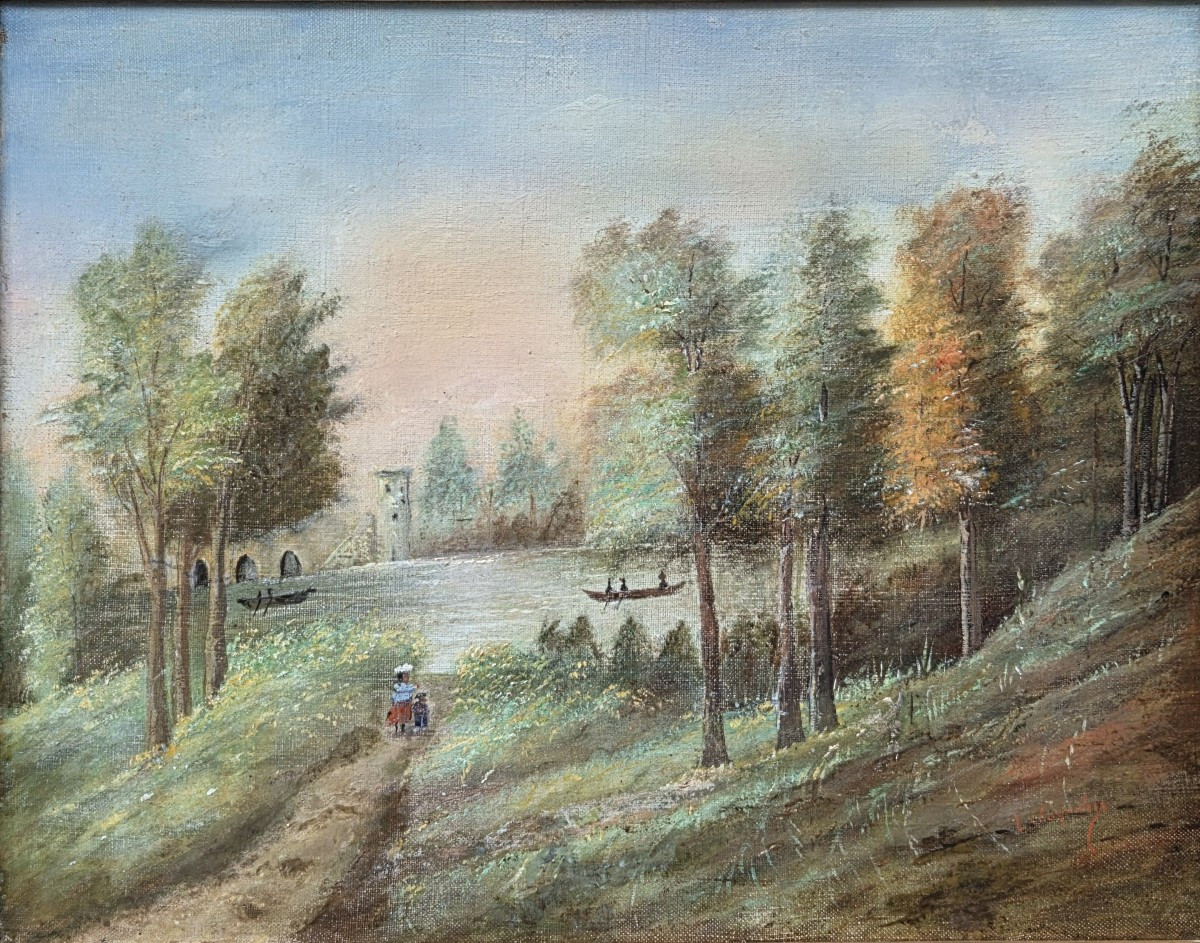 Edouard Charpentier - Huile sur toile - Paysage lacustre au coucher du soleil (XIXe siècle)