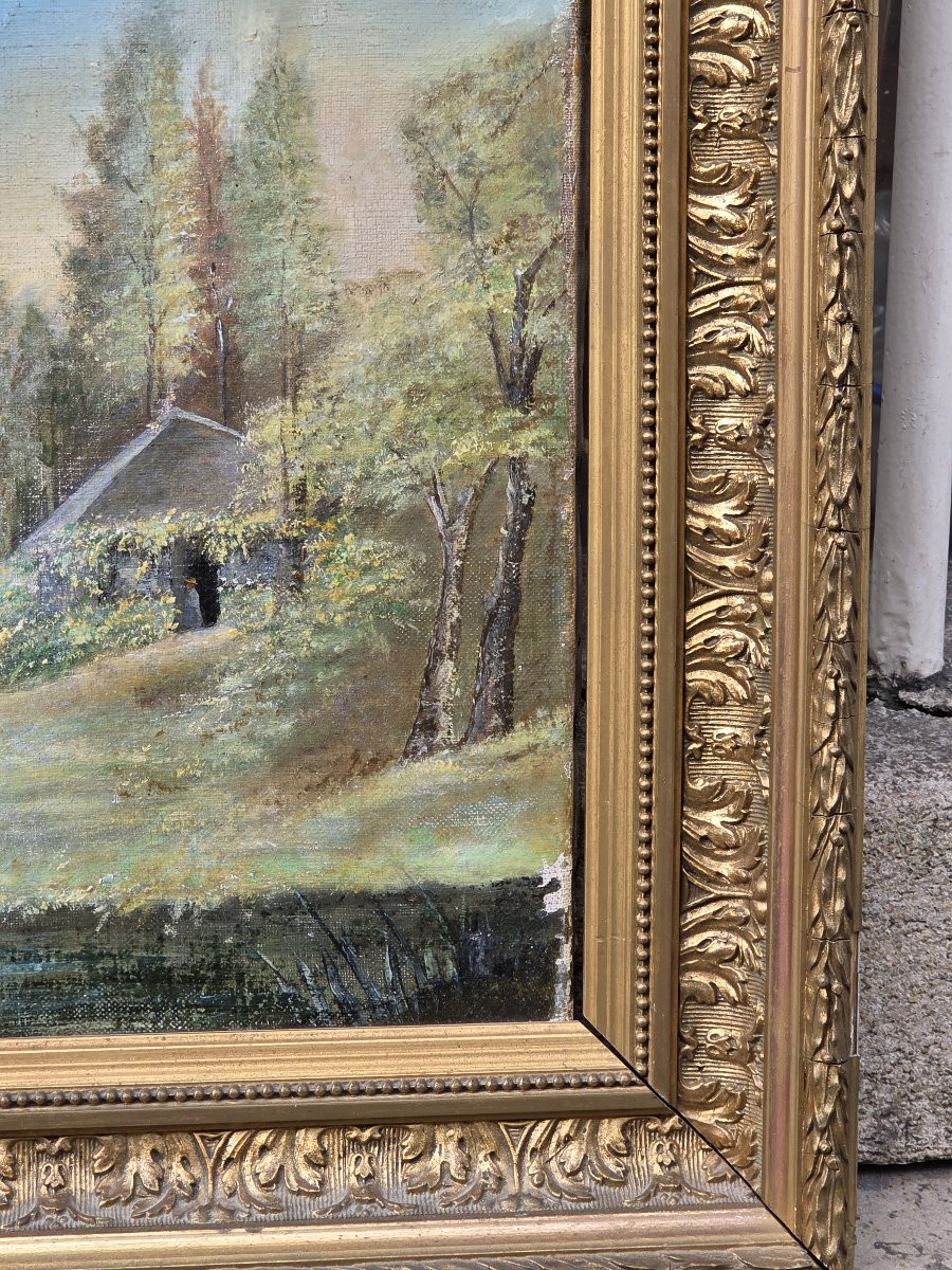 Edouard Charpentier (XIXe siècle) - Huile sur toile - Paysage bucolique à la maison de campagne-photo-3