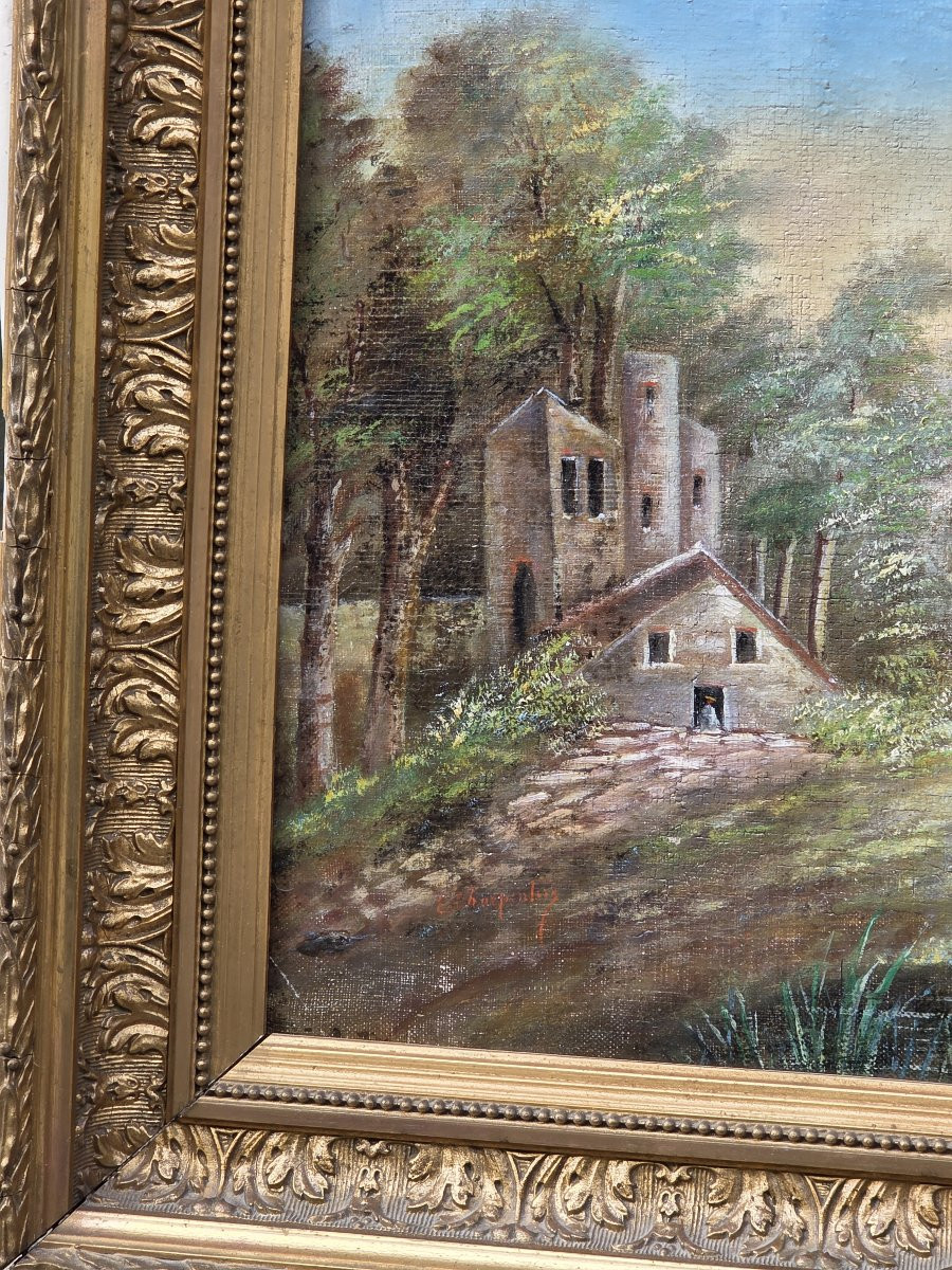 Edouard Charpentier (XIXe siècle) - Huile sur toile - Paysage bucolique à la maison de campagne-photo-1