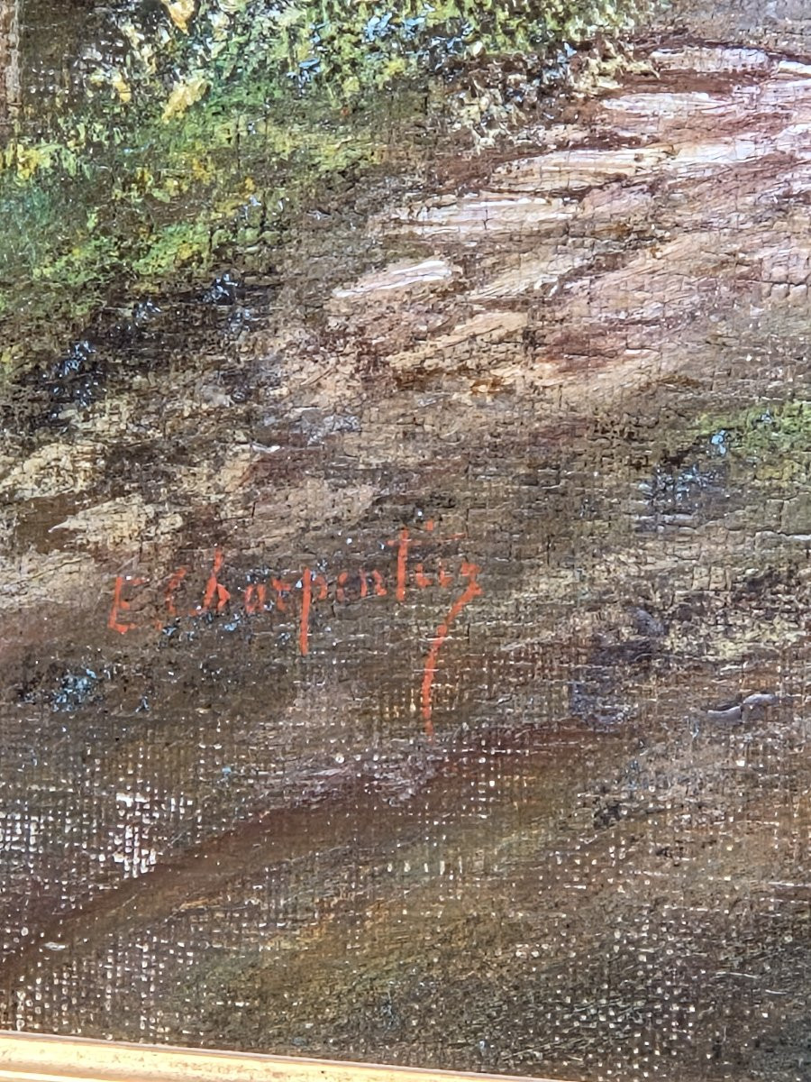 Edouard Charpentier (XIXe siècle) - Huile sur toile - Paysage bucolique à la maison de campagne-photo-2