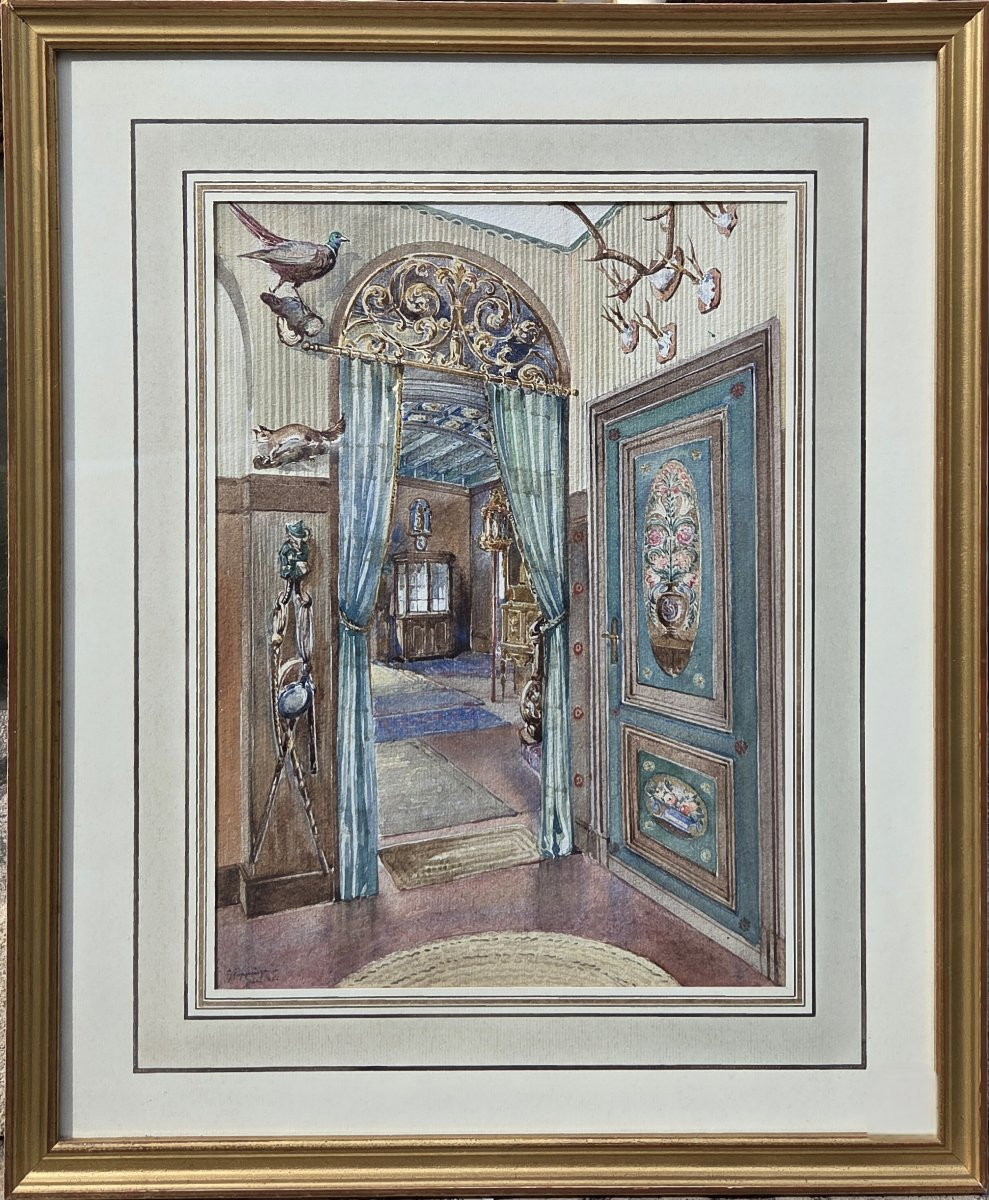Aquarelle - Vue d'intérieur - G. Poppinga (XXe siècle)-photo-2