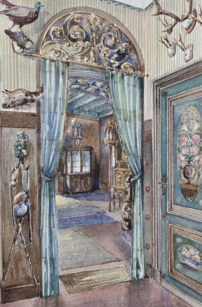 Aquarelle - Vue d'intérieur - G. Poppinga (XXe siècle)-photo-3