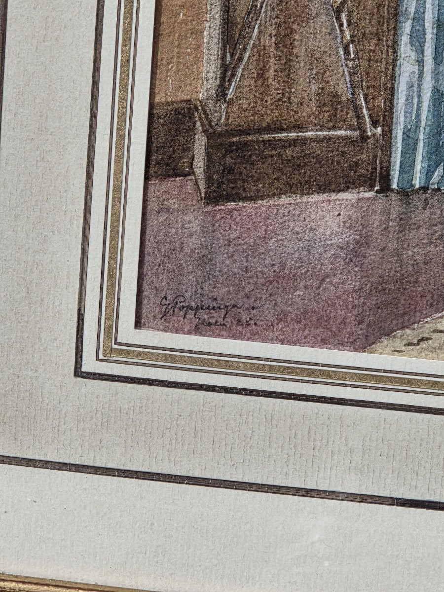 Aquarelle - Vue d'intérieur - G. Poppinga (XXe siècle)-photo-1