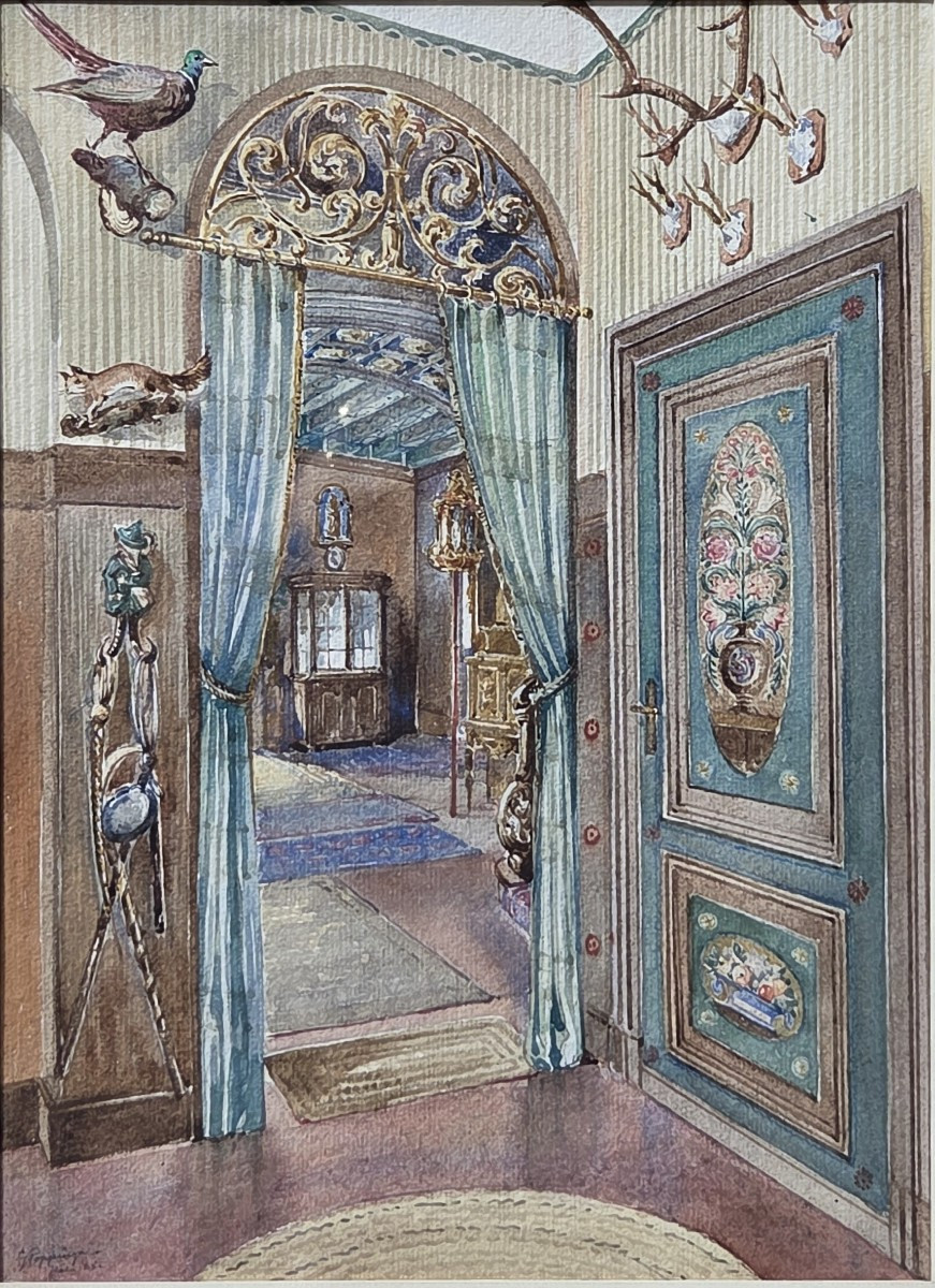 Aquarelle - Vue d'intérieur - G. Poppinga (XXe siècle)