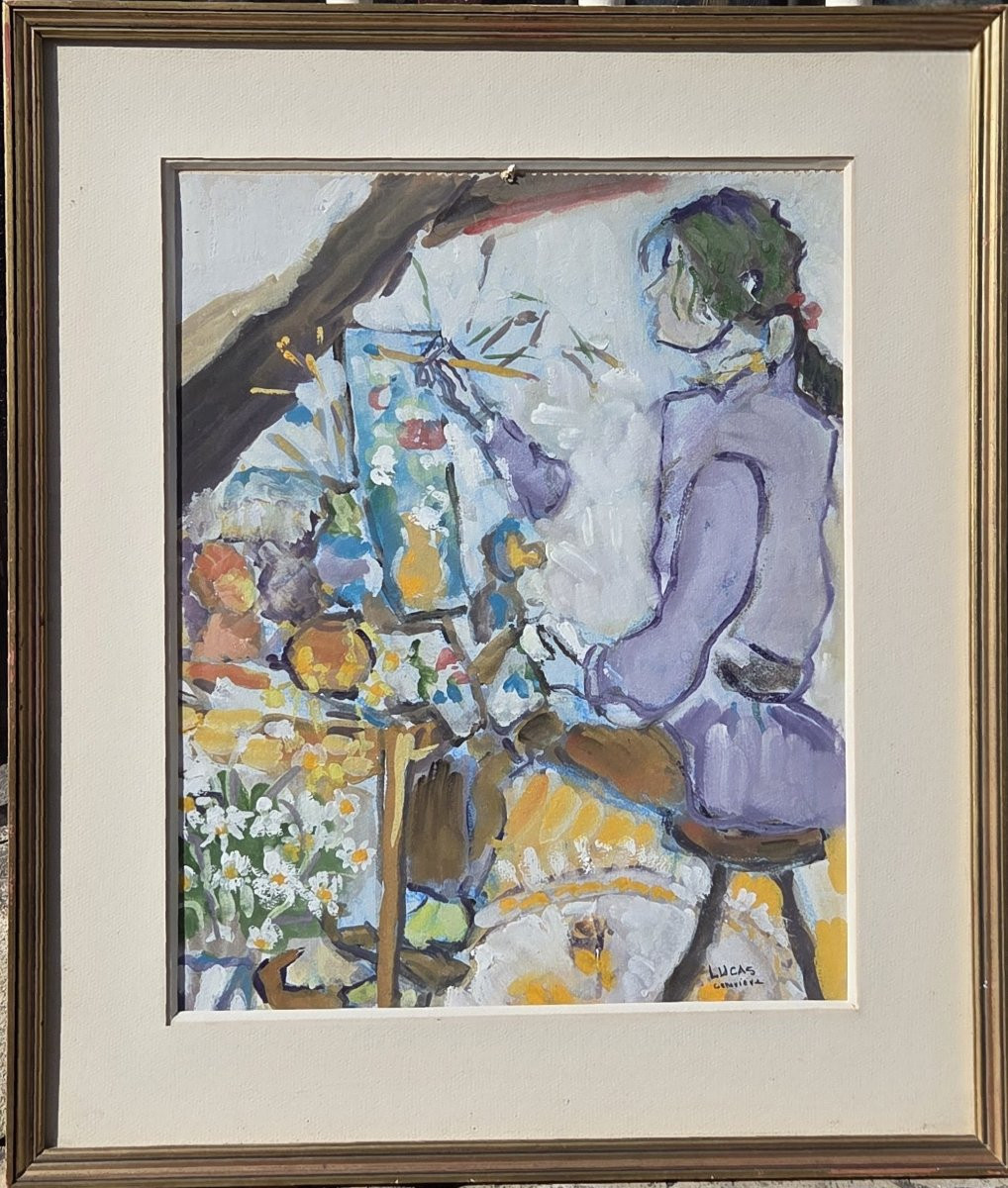 Geneviève Lucas - Gouache - The Artist At Her Easel (20th Century)-photo-2