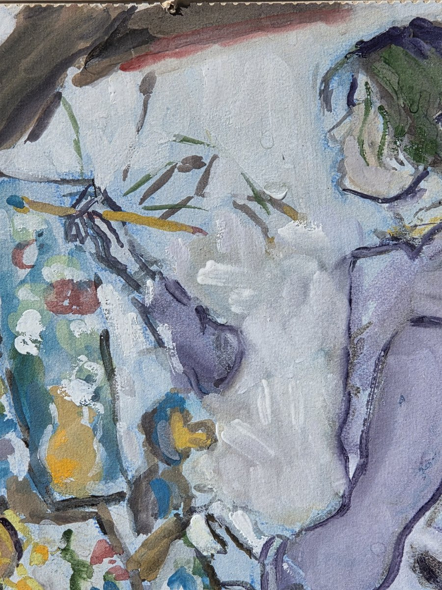 Geneviève Lucas - Gouache - The Artist At Her Easel (20th Century)-photo-4