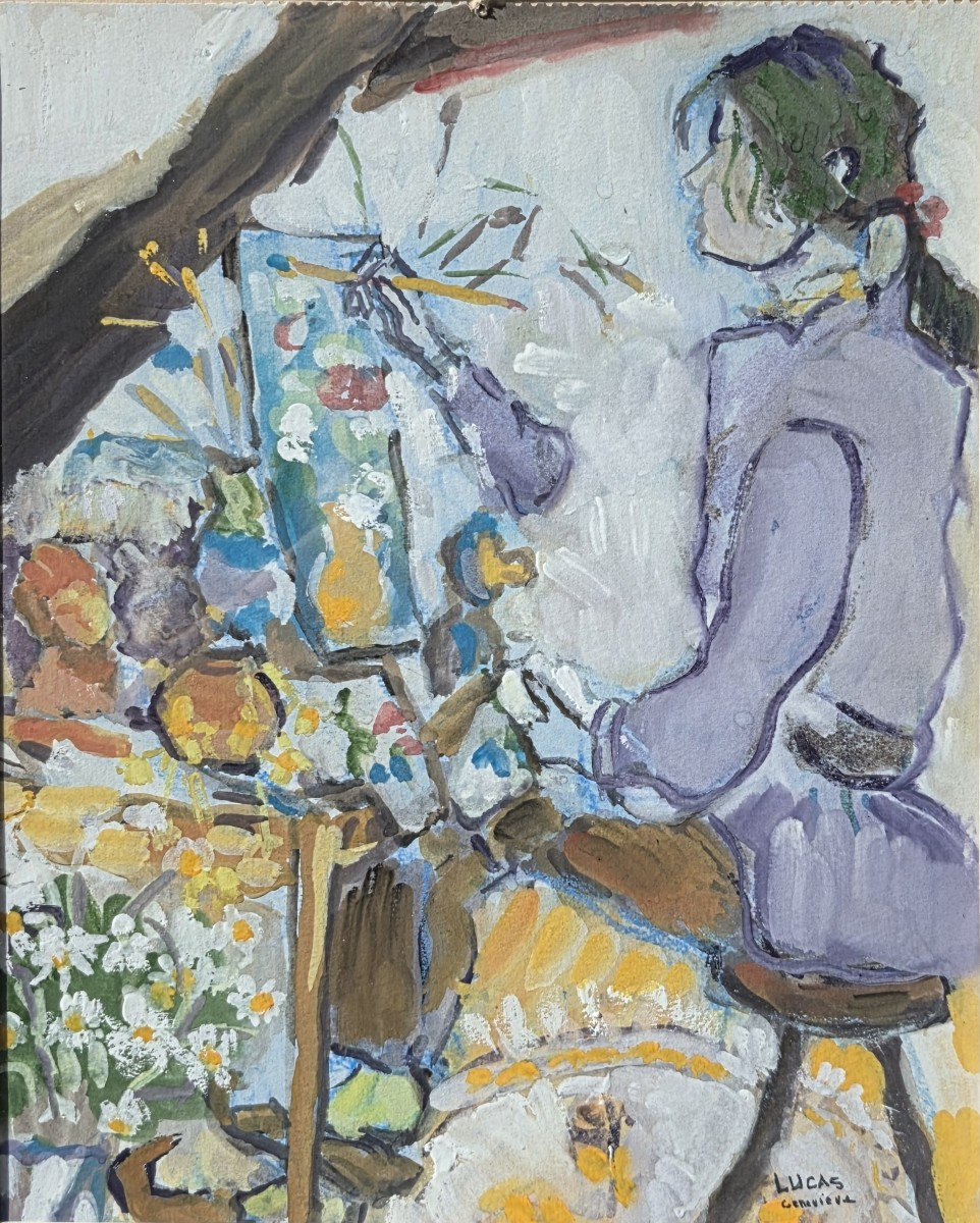 Geneviève Lucas - Gouache - The Artist At Her Easel (20th Century)