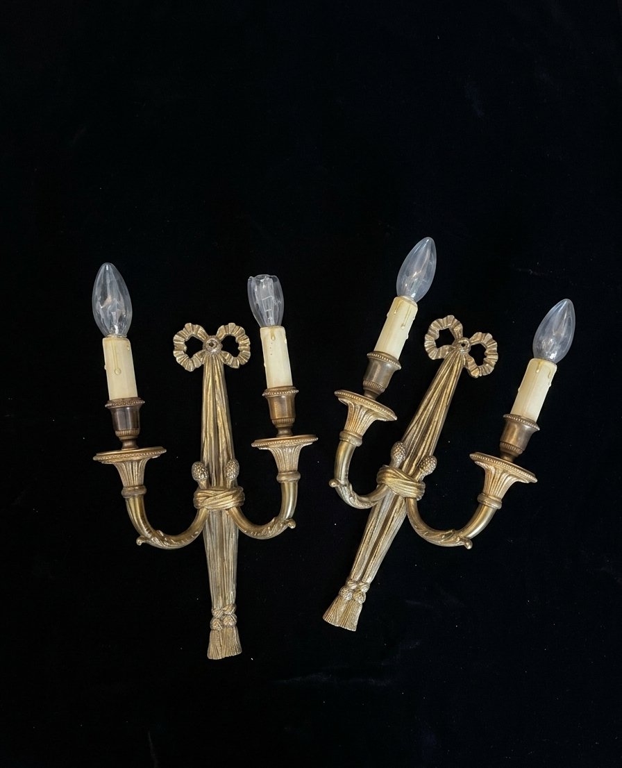 Paire d'appliques en bronze doré de style Louis XVI -photo-2