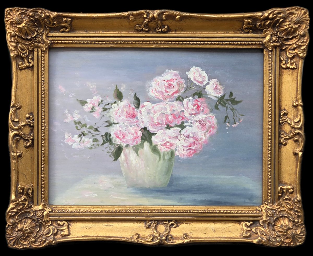Huile sur panneau - Bouquet de rose (XXe siècle)-photo-2