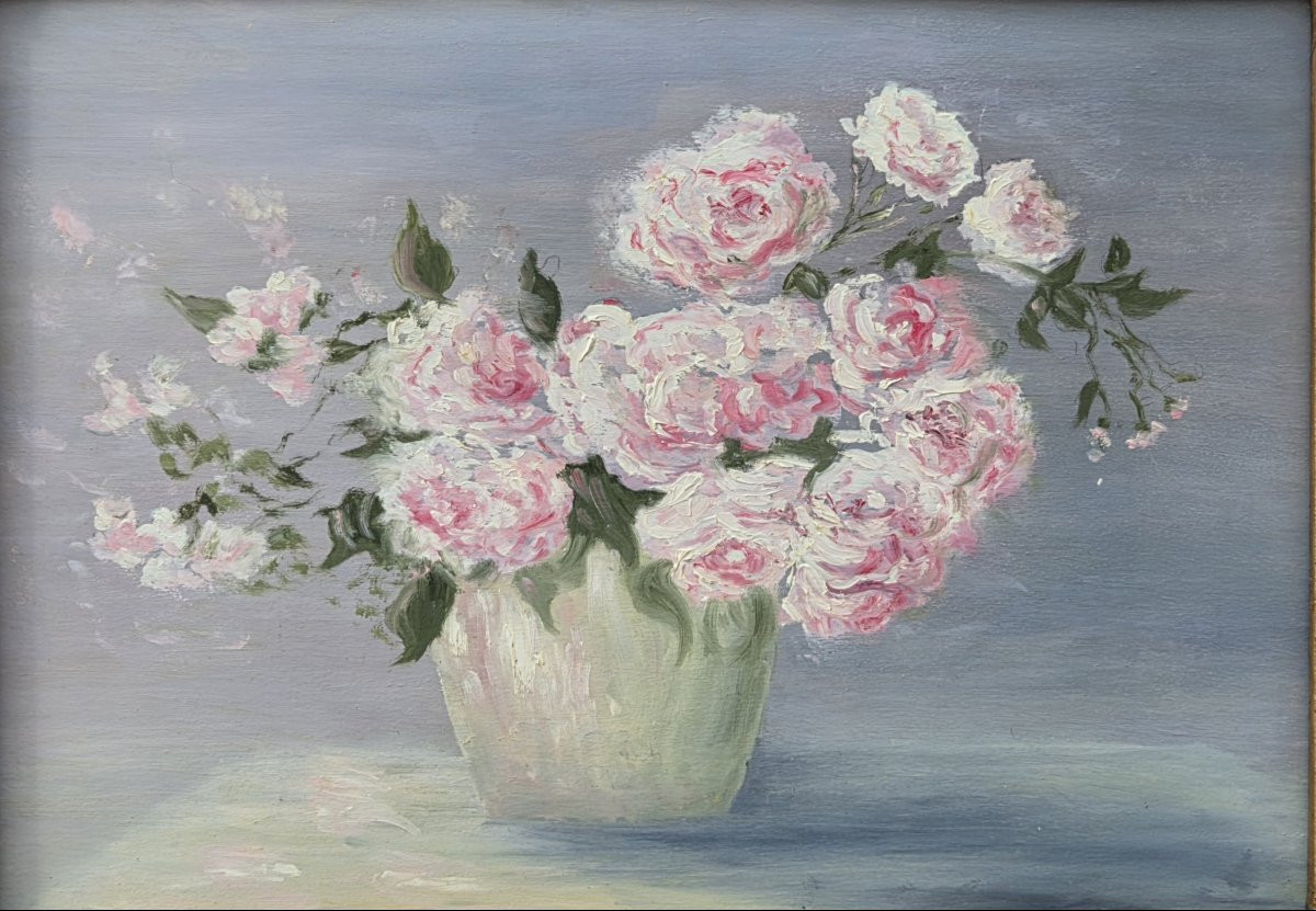 Huile sur panneau - Bouquet de rose (XXe siècle)-photo-3