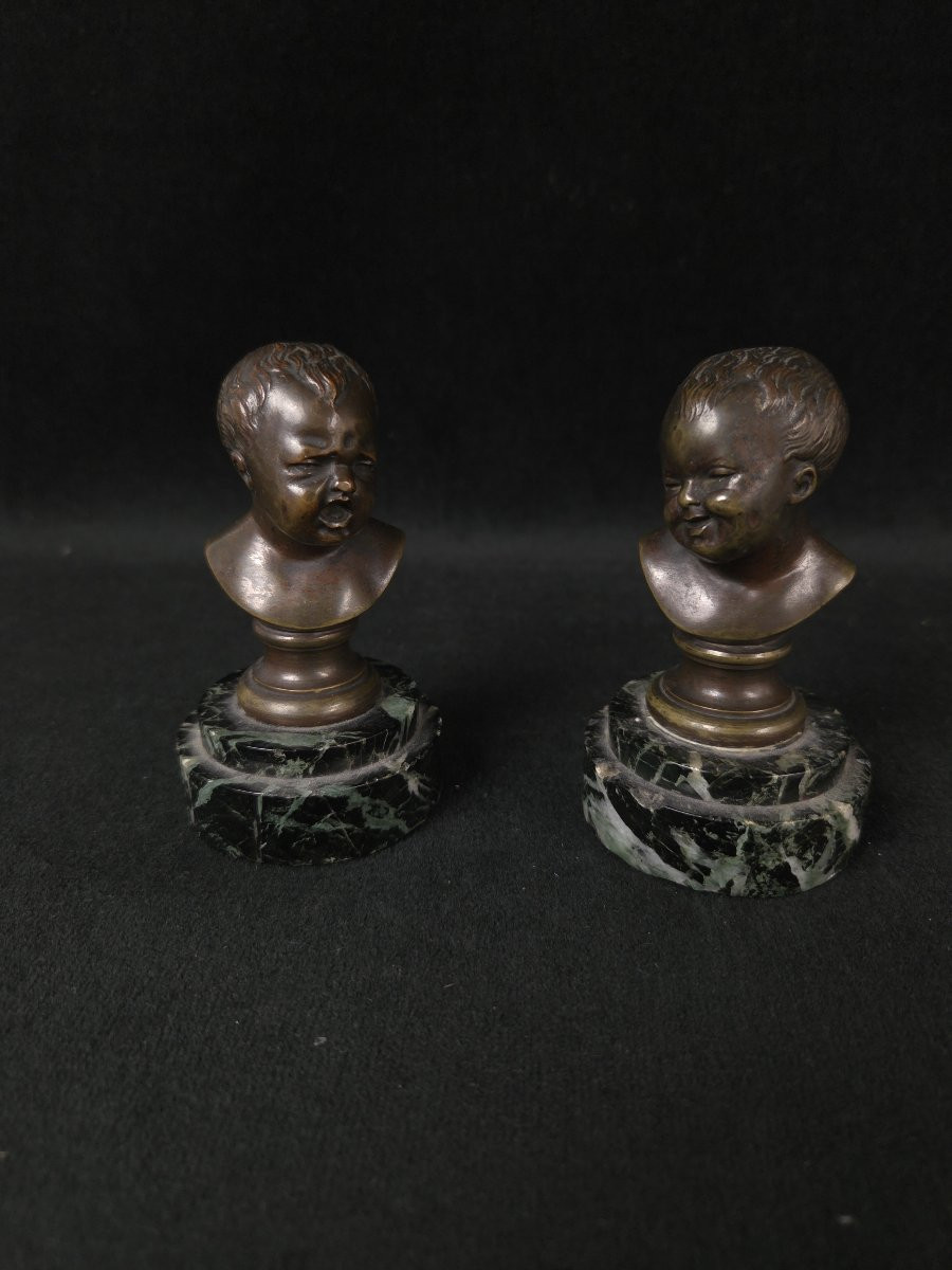Paire de bustes en bronze - Jean qui rit et Jean qui pleure - d'après Pigalle (XIXe siècle)-photo-2