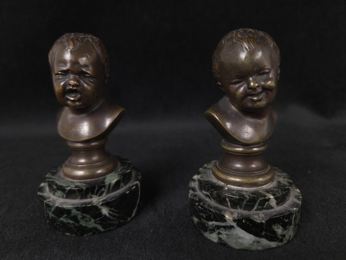 Paire de bustes en bronze - Jean qui rit et Jean qui pleure - d'après Pigalle (XIXe siècle)-photo-2