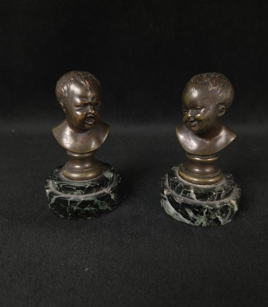 Paire de bustes en bronze - Jean qui rit et Jean qui pleure - d'après Pigalle (XIXe siècle)