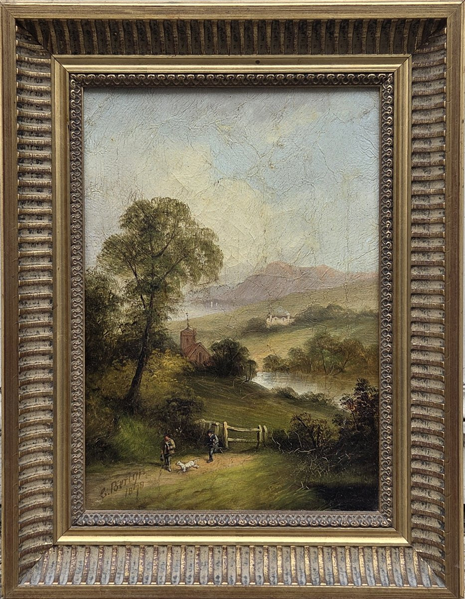 Camille Berlyn (XIXe siècle) - Huile sur toile - Paysage de bord de rivière animé-photo-2