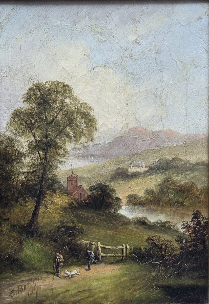 Camille Berlyn (XIXe siècle) - Huile sur toile - Paysage de bord de rivière animé-photo-3