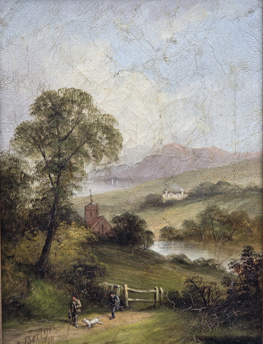 Camille Berlyn (XIXe siècle) - Huile sur toile - Paysage de bord de rivière animé