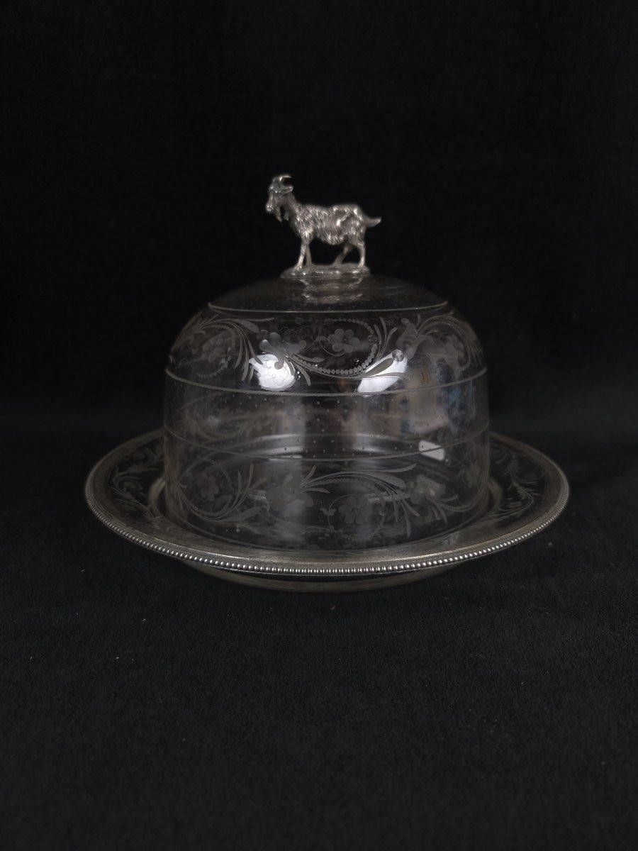 Cheese Bell And Display In Crystal And Silver - Goat Décor - Late 19th Century-photo-2